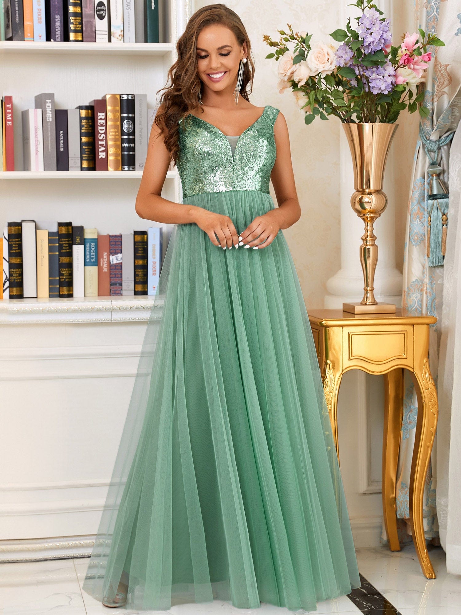 A-line Sequin Off the Shoulder Maxi Tulle Evening Dress #color_Green Bean