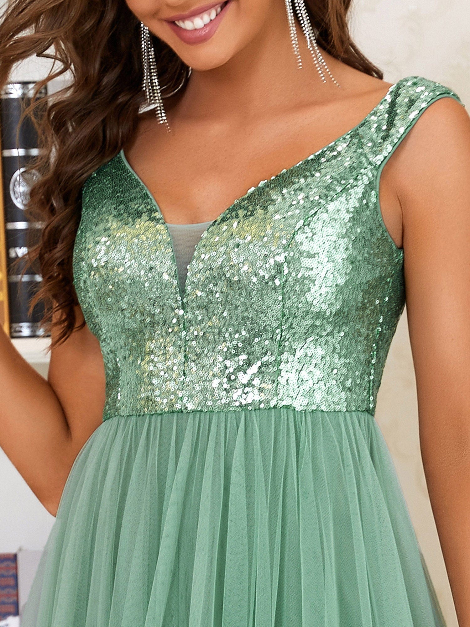 A-line Sequin Off the Shoulder Maxi Tulle Evening Dress #color_Green Bean