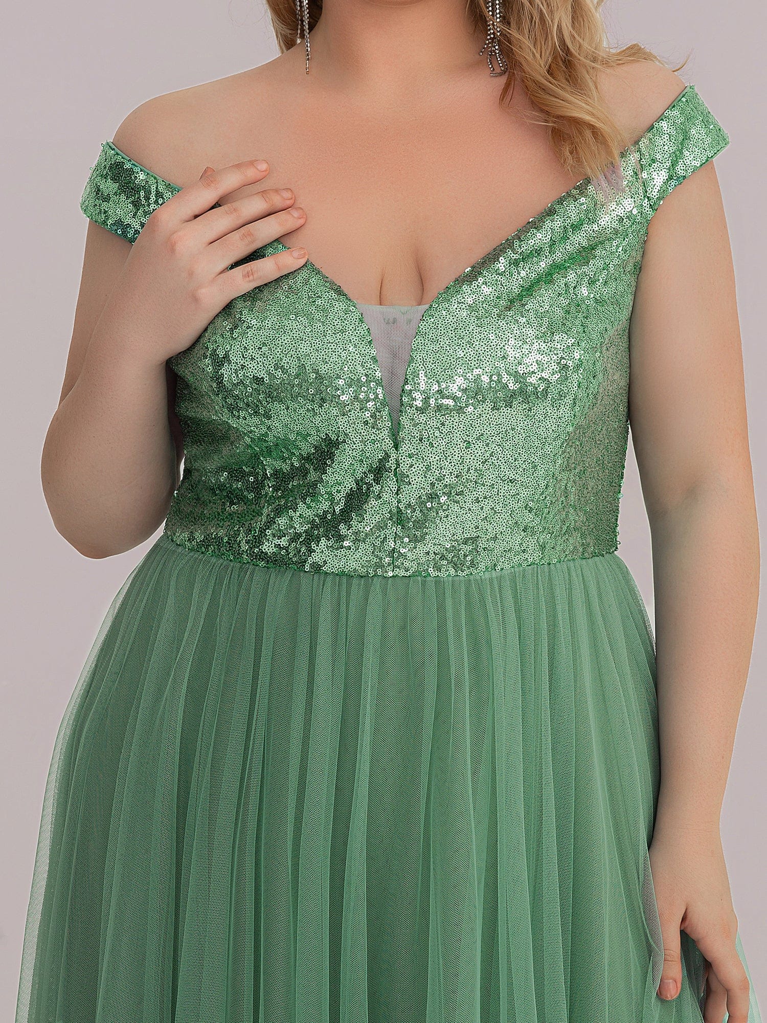 Shiny Sequin Bodice Off The Shoulder Tulle Evening Dress for Dresses #color_Green Bean