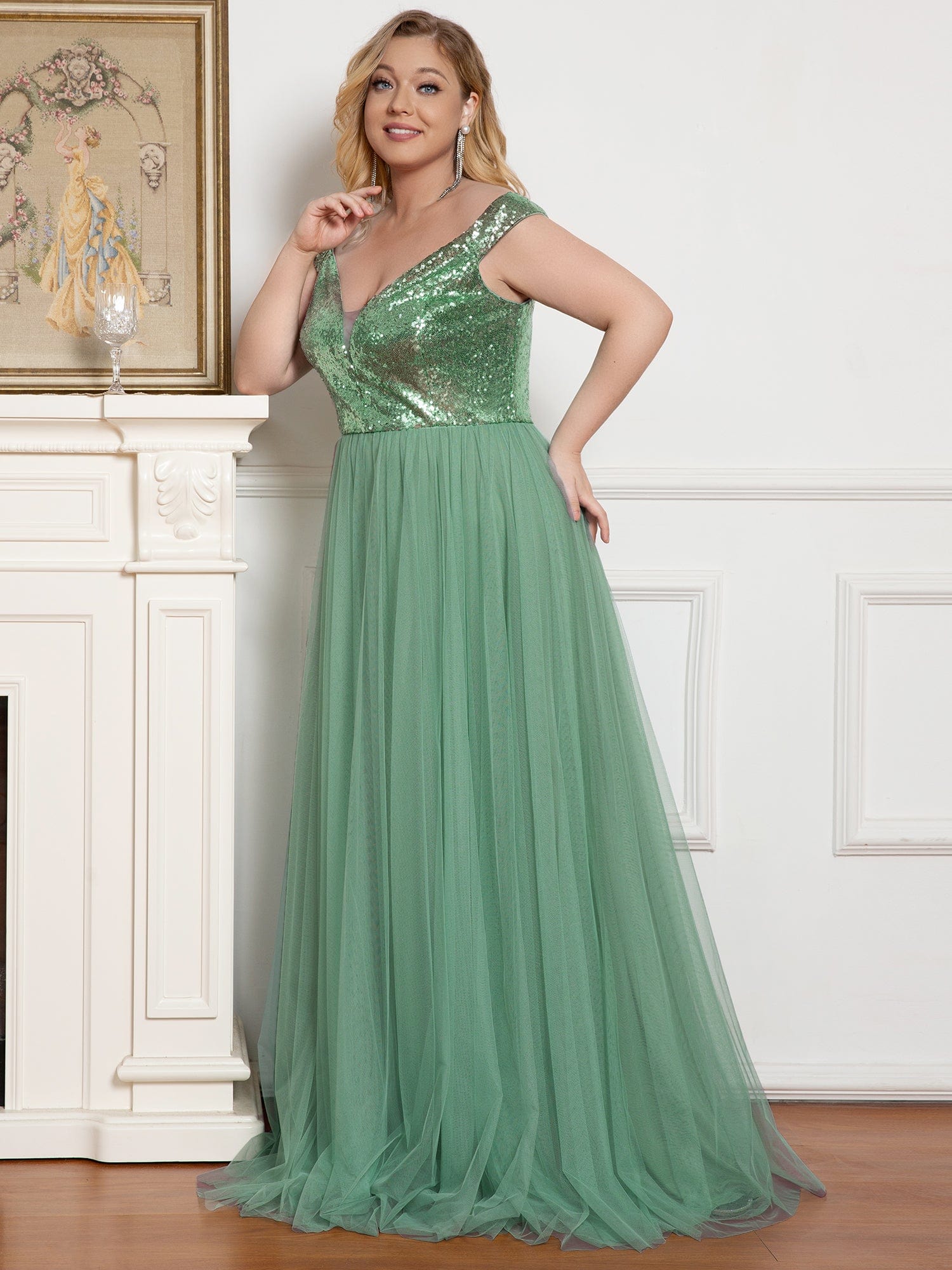 A-line Sequin Off the Shoulder Maxi Tulle Evening Dress #color_Green Bean