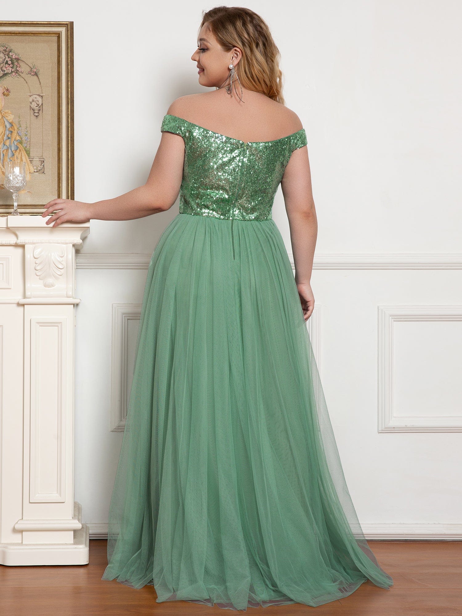 Shiny Sequin Bodice Off The Shoulder Tulle Evening Dress for Dresses #color_Green Bean