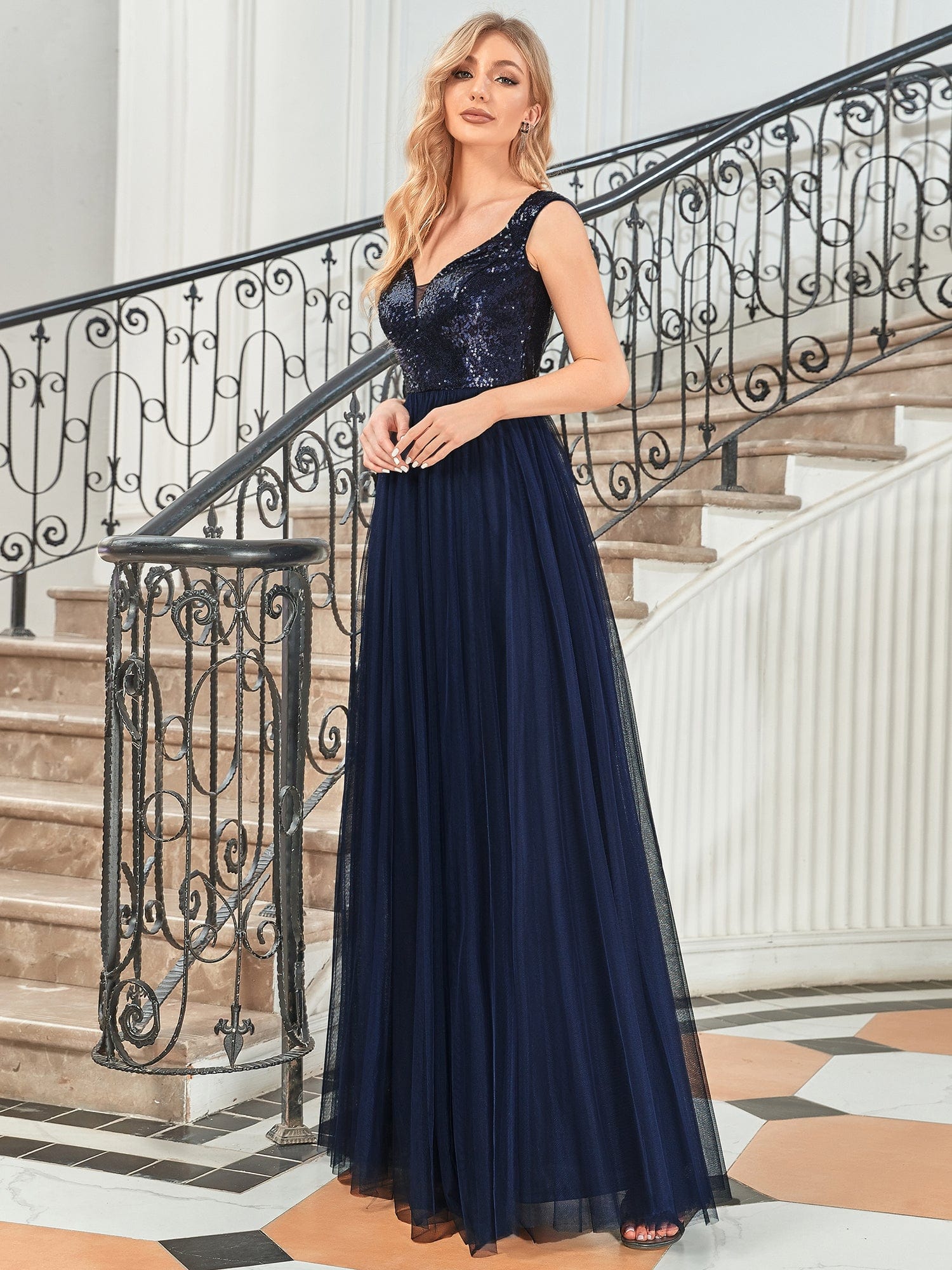 A-line Sequin Off the Shoulder Maxi Tulle Evening Dress #color_Navy Blue