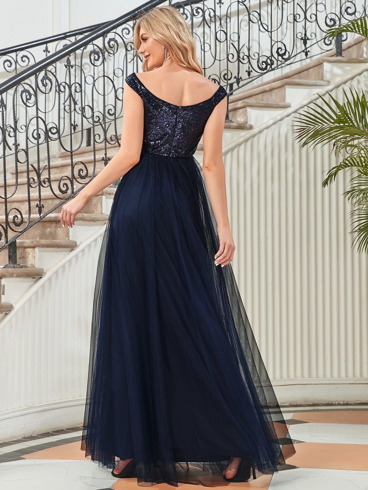 A-line Sequin Off the Shoulder Maxi Tulle Evening Dress #color_Navy Blue