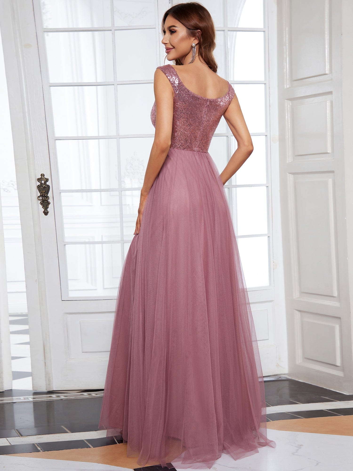 A-line Sequin Off the Shoulder Maxi Tulle Evening Dress #color_Purple Orchid