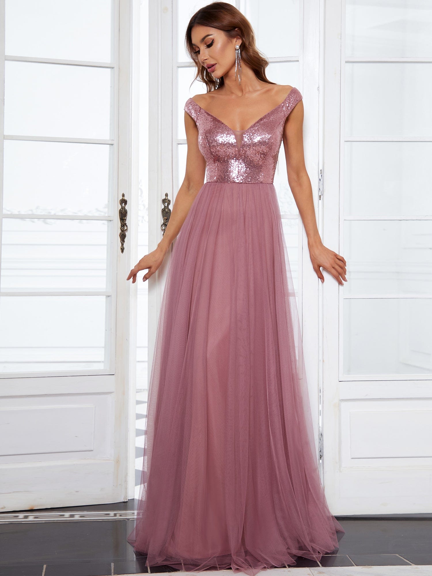 A-line Sequin Off the Shoulder Maxi Tulle Evening Dress #color_Purple Orchid