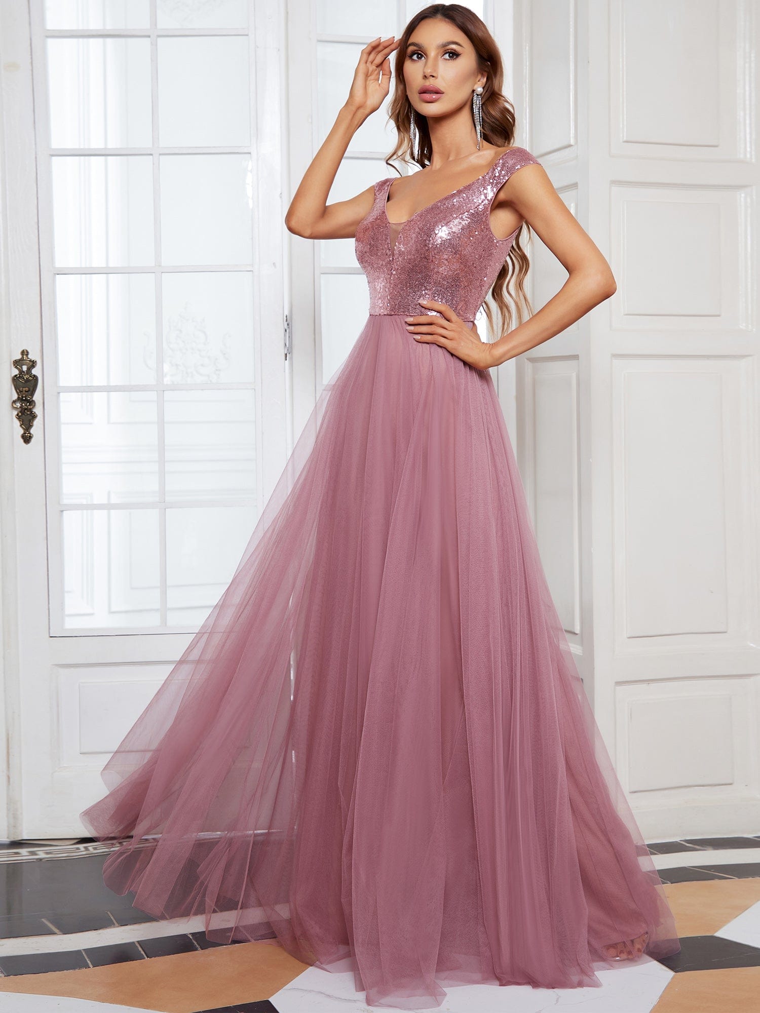 A-line Sequin Off the Shoulder Maxi Tulle Evening Dress #color_Purple Orchid