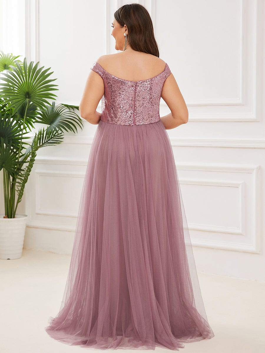 A-line Sequin Off the Shoulder Maxi Tulle Evening Dress #color_Purple Orchid