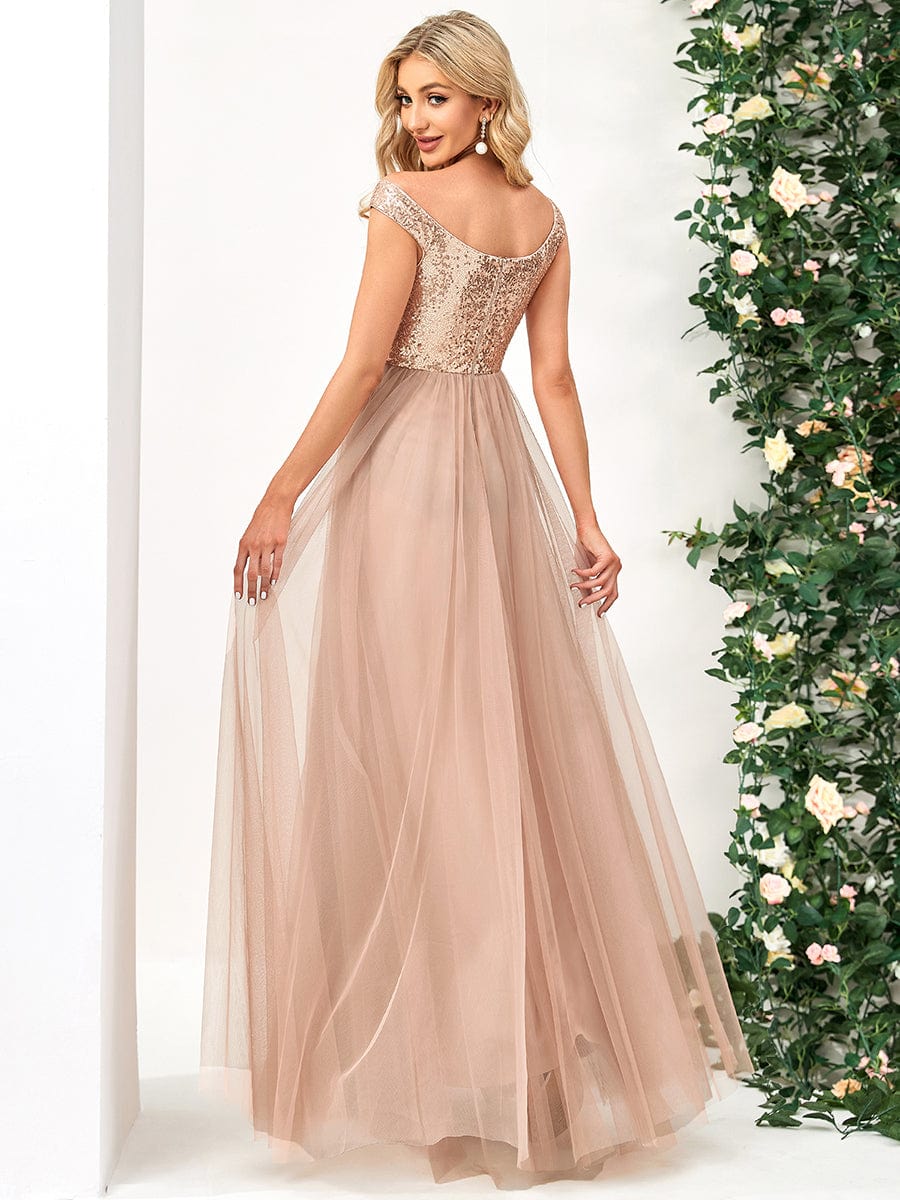 A-line Sequin Off the Shoulder Maxi Tulle Evening Dress #color_Rose Gold