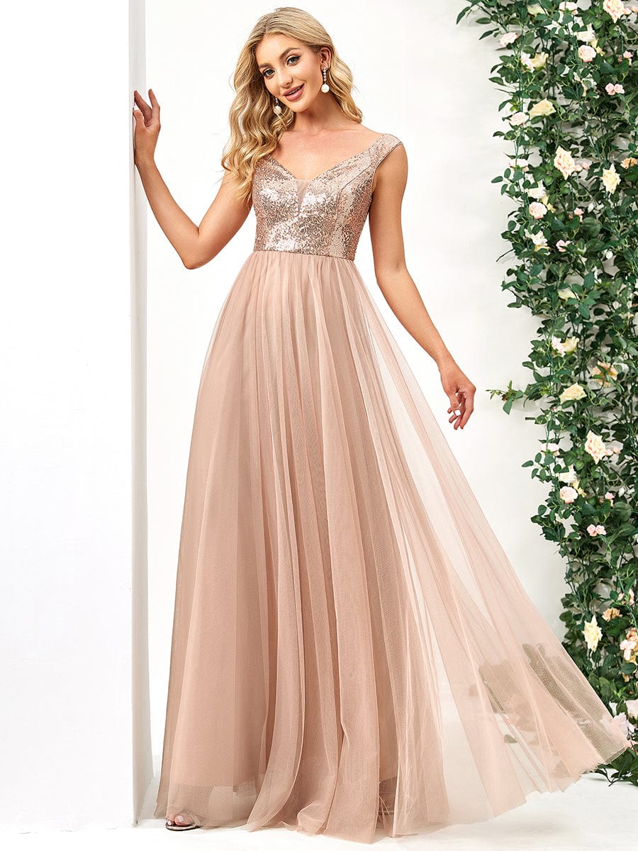 A-line Sequin Off the Shoulder Maxi Tulle Evening Dress #color_Rose Gold