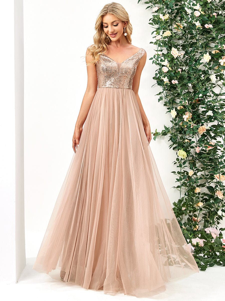 A-line Sequin Off the Shoulder Maxi Tulle Evening Dress #color_Rose Gold