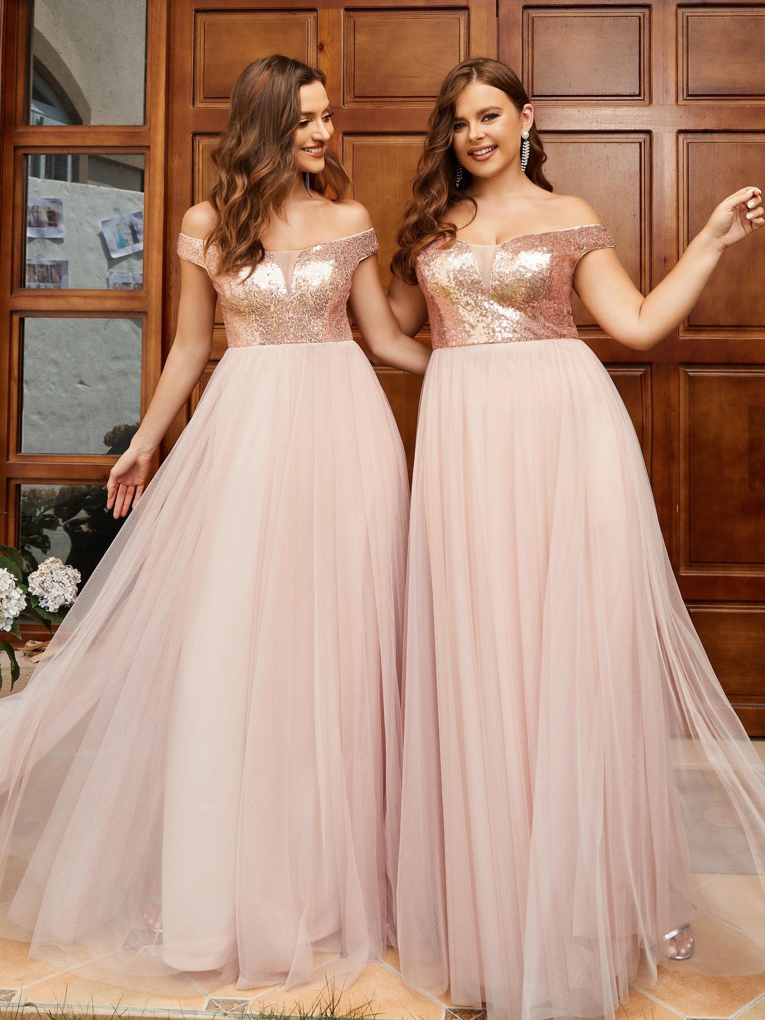 A-line Sequin Off the Shoulder Maxi Tulle Evening Dress #color_Rose Gold