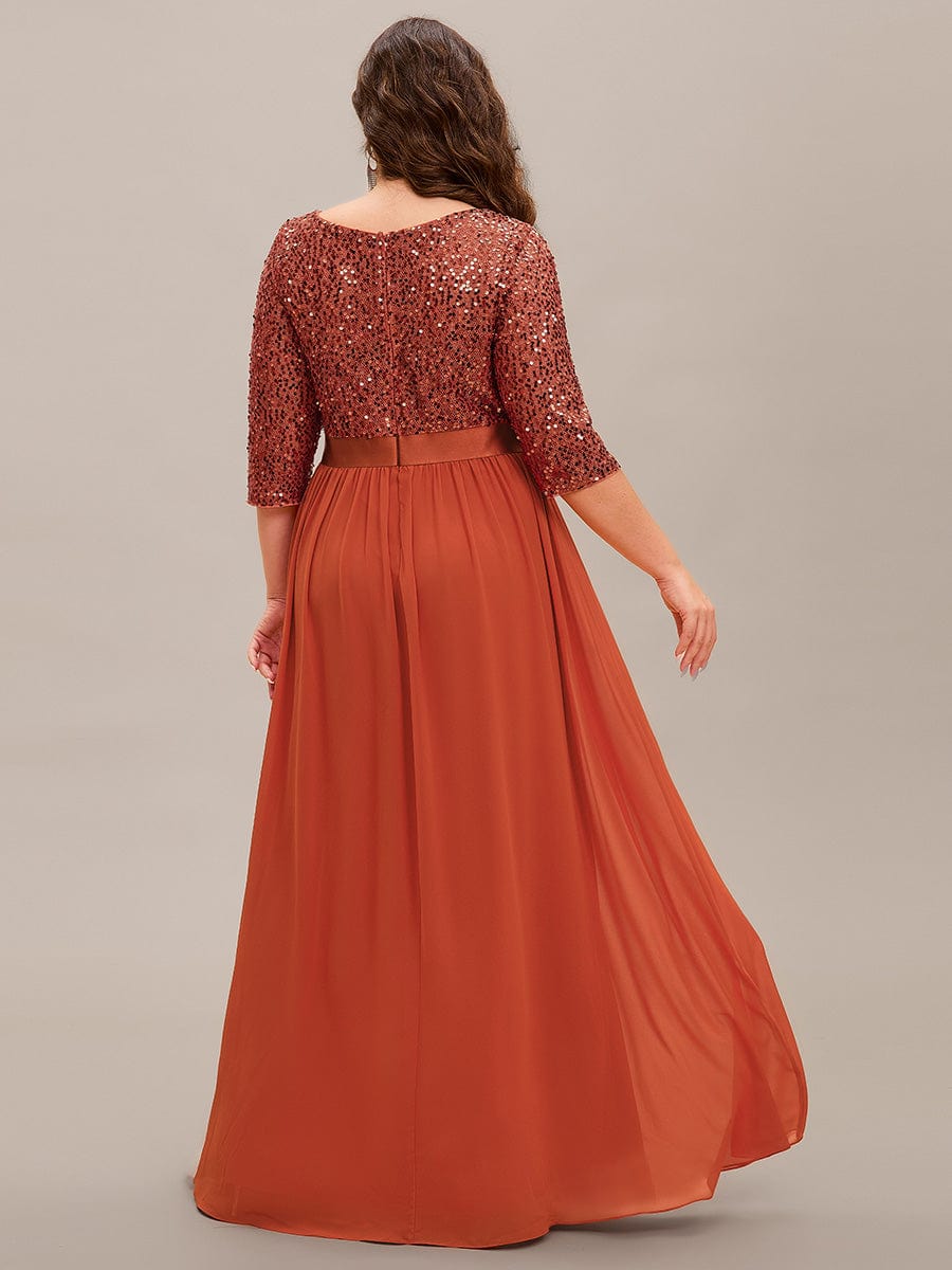 Elegant Round Neckline Long Sleeves Sequin Evening Dress #color_Burnt Orange