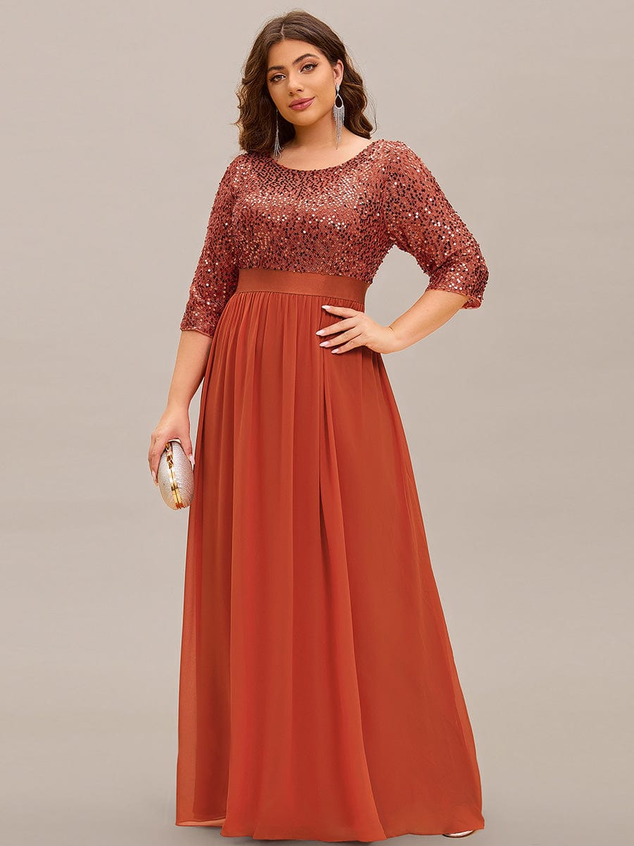 Elegant Round Neckline Long Sleeves Sequin Evening Dress #color_Burnt Orange