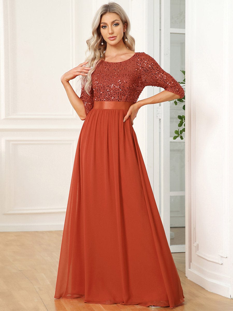 Elegant Round Neckline Long Sleeves Sequin Evening Dress #color_Burnt Orange