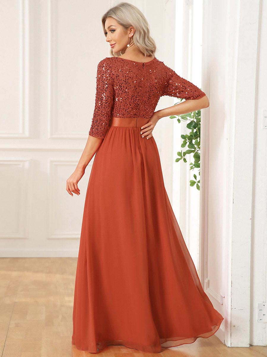 Elegant Round Neckline Long Sleeves Sequin Evening Dress #color_Burnt Orange