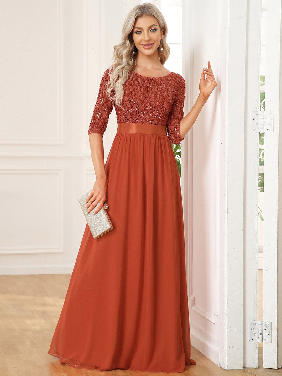 Elegant Round Neckline Long Sleeves Sequin Evening Dress #color_Burnt Orange