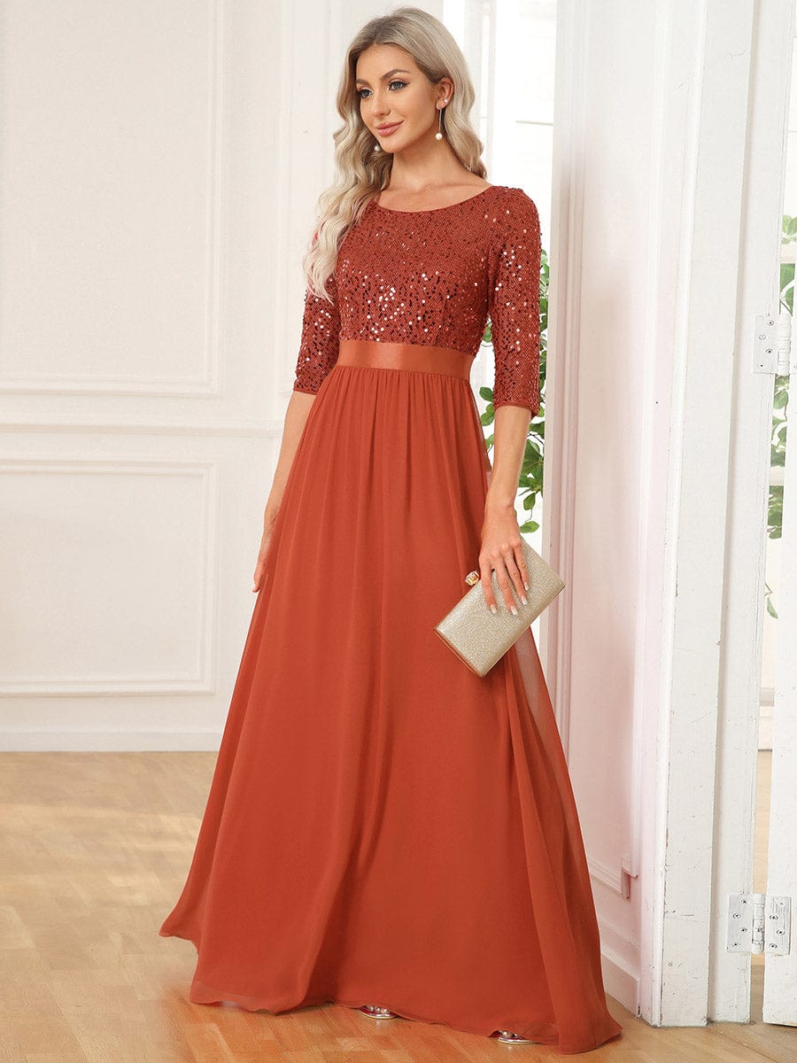 Elegant Round Neckline Long Sleeves Sequin Evening Dress #color_Burnt Orange