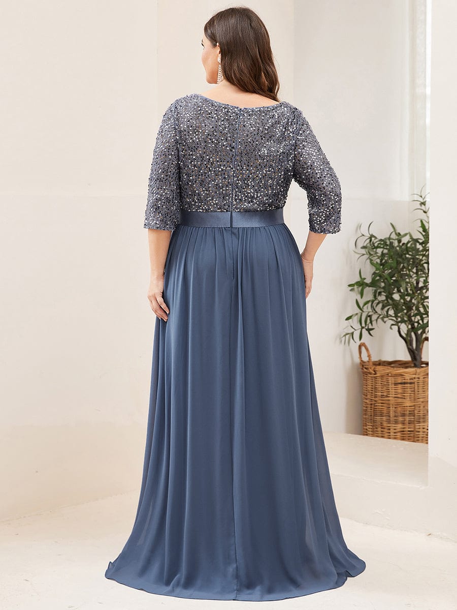 Elegant Round Neckline Long Sleeves Sequin Evening Dress #color_Dusty Blue