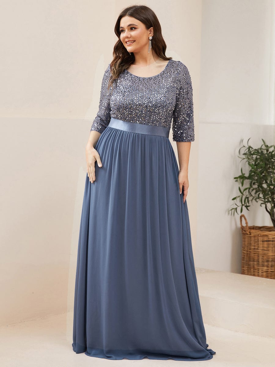 Elegant Round Neckline Long Sleeves Sequin Evening Dress #color_Dusty Navy