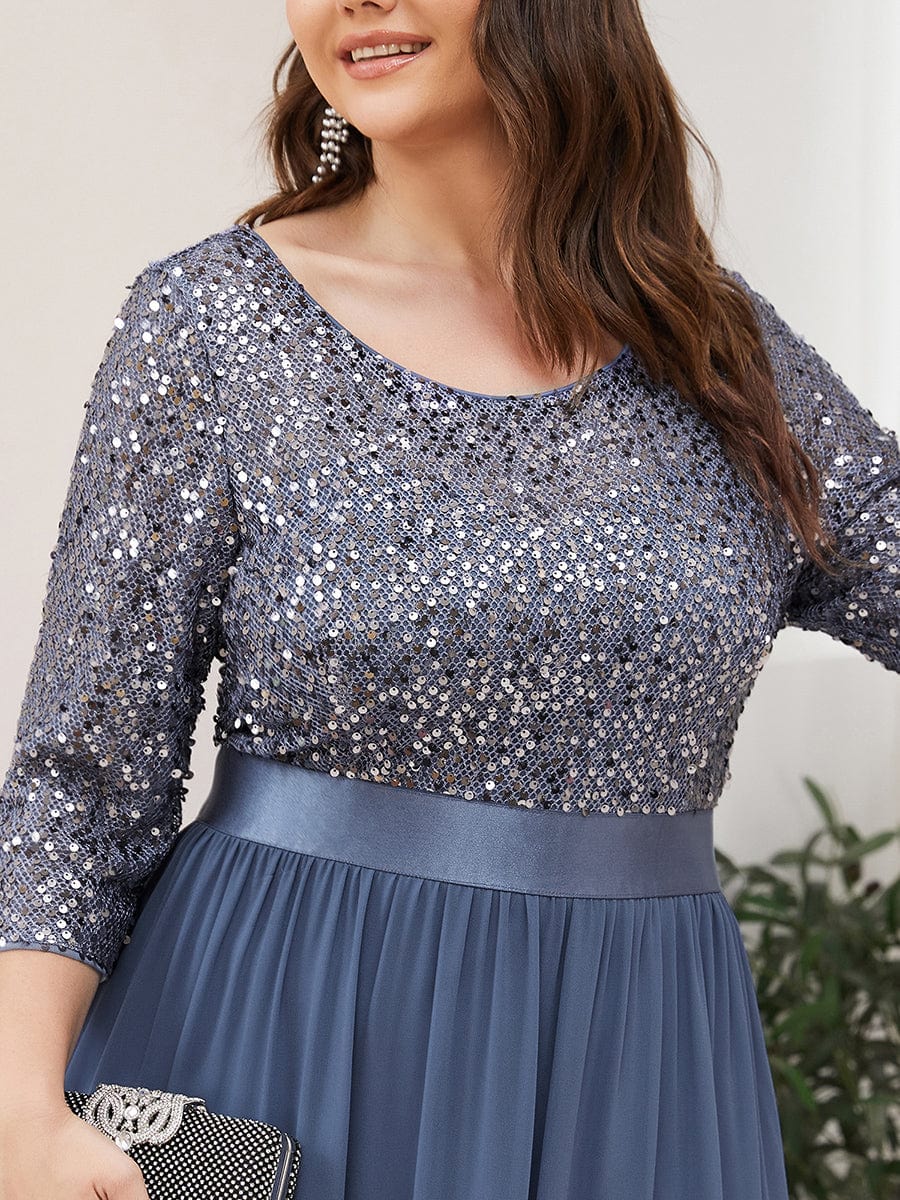 Elegant Round Neckline Long Sleeves Sequin Evening Dress #color_Dusty Navy