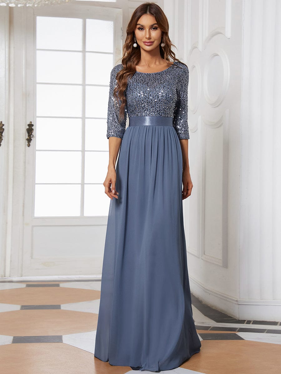 Elegant Round Neckline Long Sleeves Sequin Evening Dress #color_Dusty Blue 