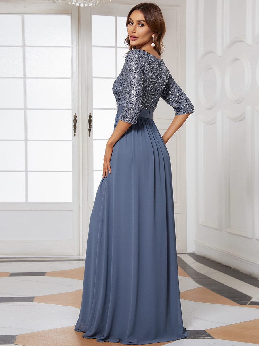 Elegant Round Neckline Long Sleeves Sequin Evening Dress #color_Dusty Blue 