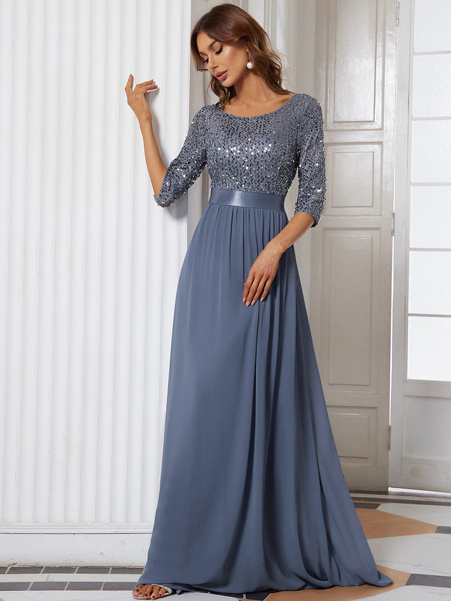 Elegant Round Neckline Long Sleeves Sequin Evening Dress #color_Dusty Blue 