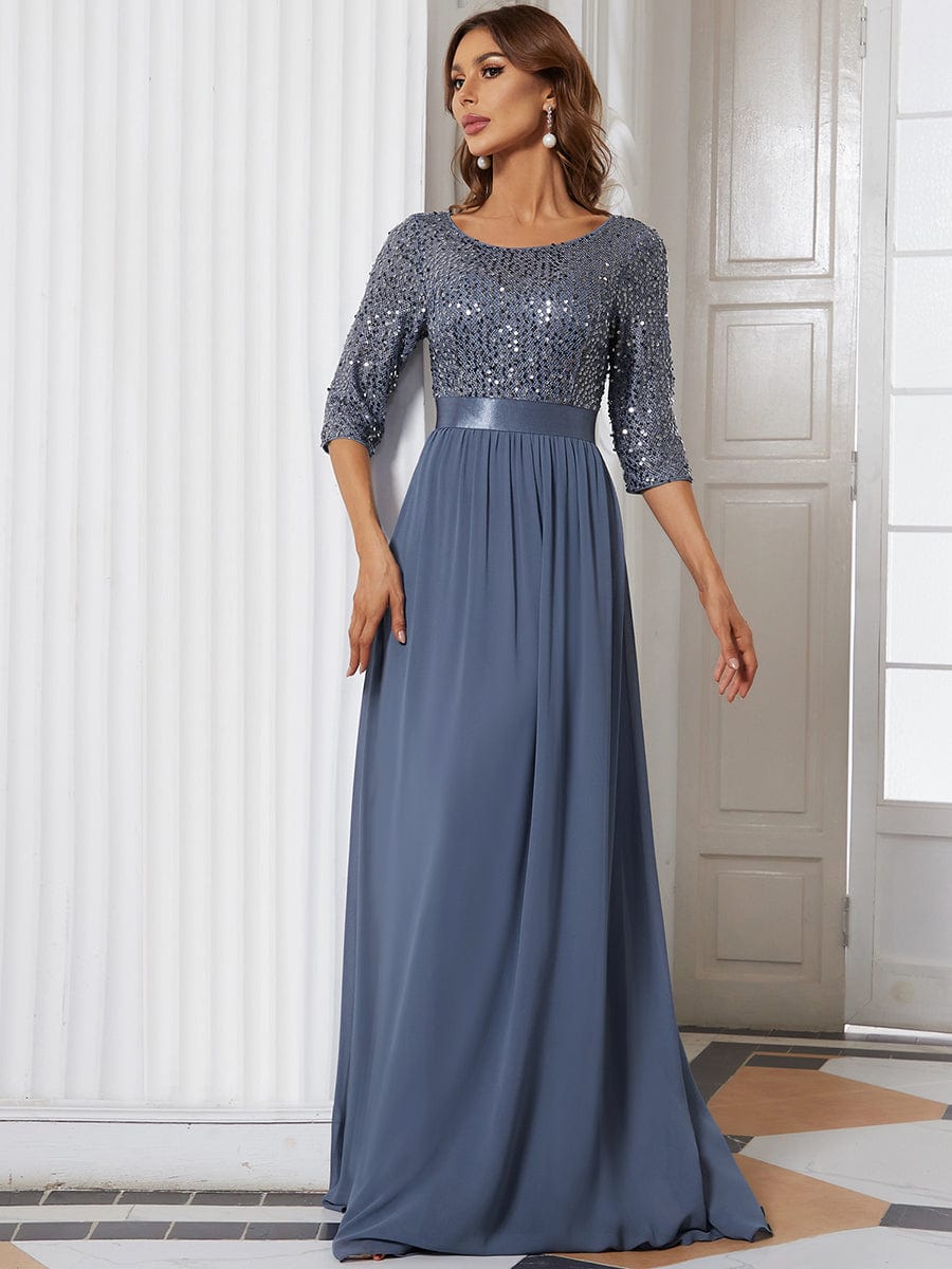 Elegant Round Neckline Long Sleeves Sequin Evening Dress #color_Dusty Blue 