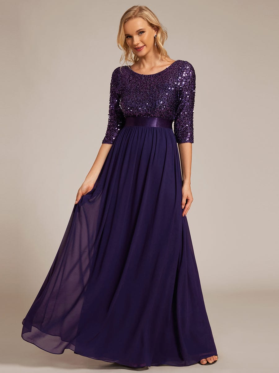 Elegant Round Neckline Long Sleeves Sequin Evening Dress #color_Dark Purple