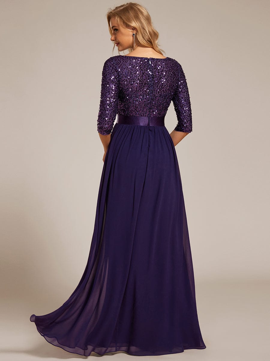 Elegant Round Neckline Long Sleeves Sequin Evening Dress #color_Dark Purple