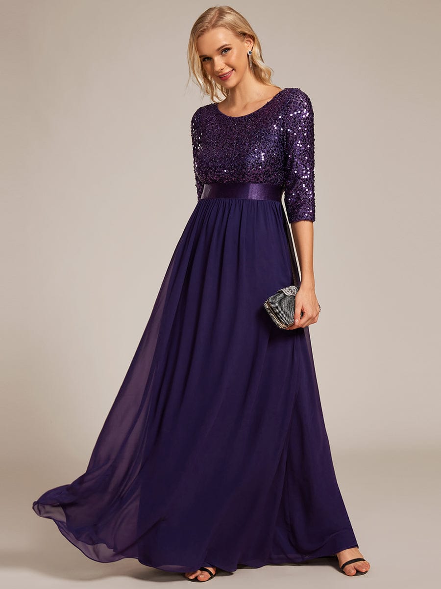 Elegant Round Neckline Long Sleeves Sequin Evening Dress #color_Dark Purple