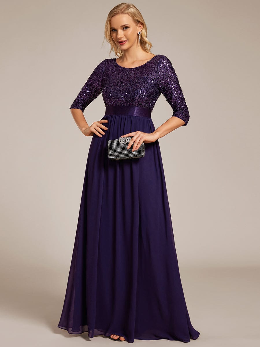 Elegant Round Neckline Long Sleeves Sequin Evening Dress #color_Dark Purple