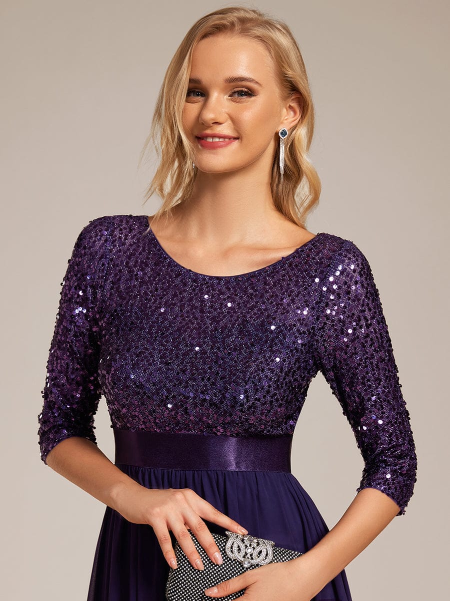 Elegant Round Neckline Long Sleeves Sequin Evening Dress #color_Dark Purple