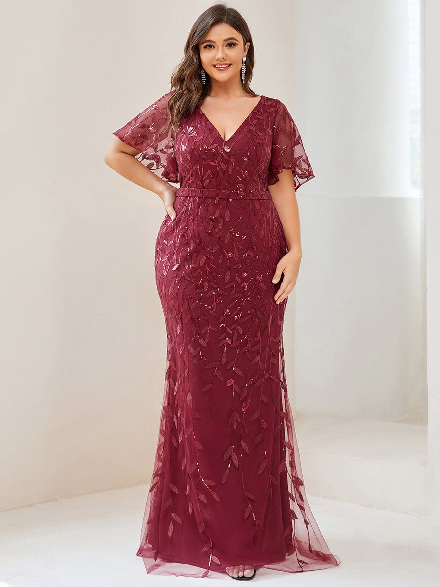 Fashion Plus Size V Neck Mermaid Sequin & Tulle Evening Dress #color_Burgundy