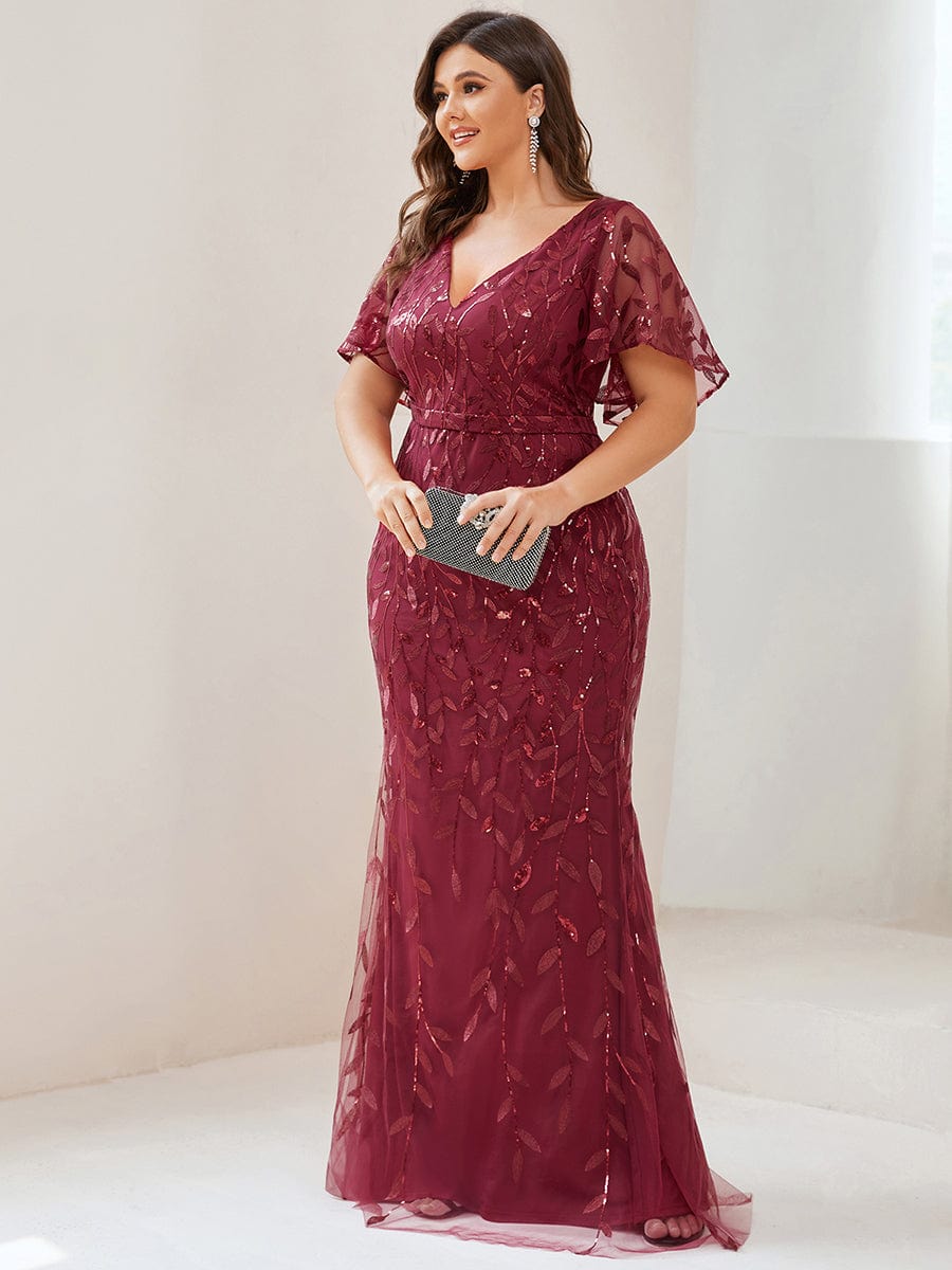 Fashion Plus Size V Neck Mermaid Sequin & Tulle Evening Dress #color_Burgundy