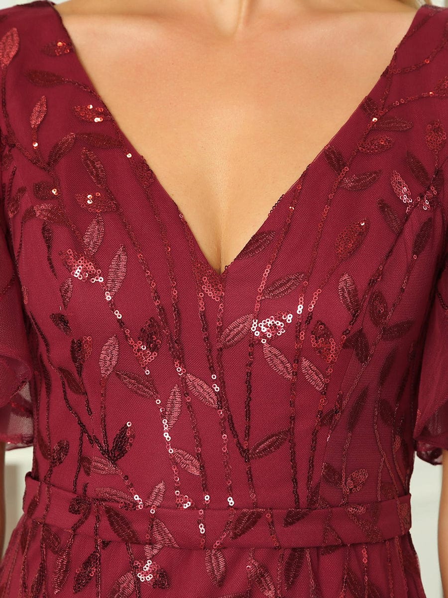 Gorgeous V Neck Leaf-Sequined Fishtail Party Dress #color_Burgundy