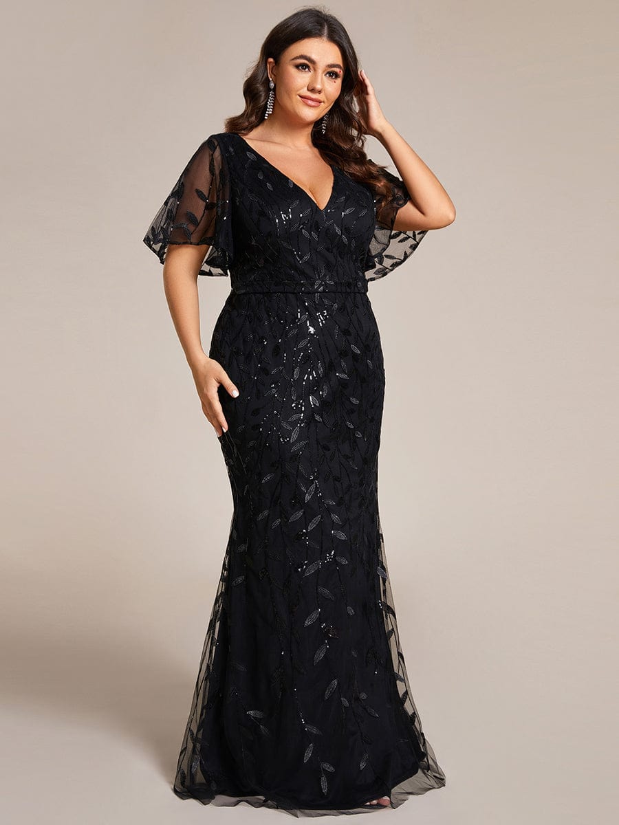 Fashion Plus Size V Neck Mermaid Sequin & Tulle Evening Dress #color_Black