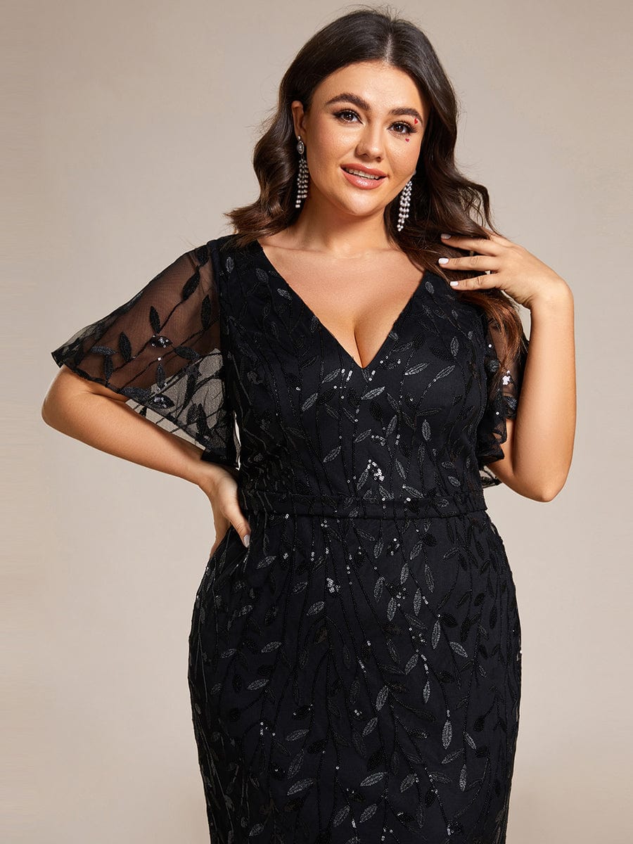 Fashion Plus Size V Neck Mermaid Sequin & Tulle Evening Dress #color_Black