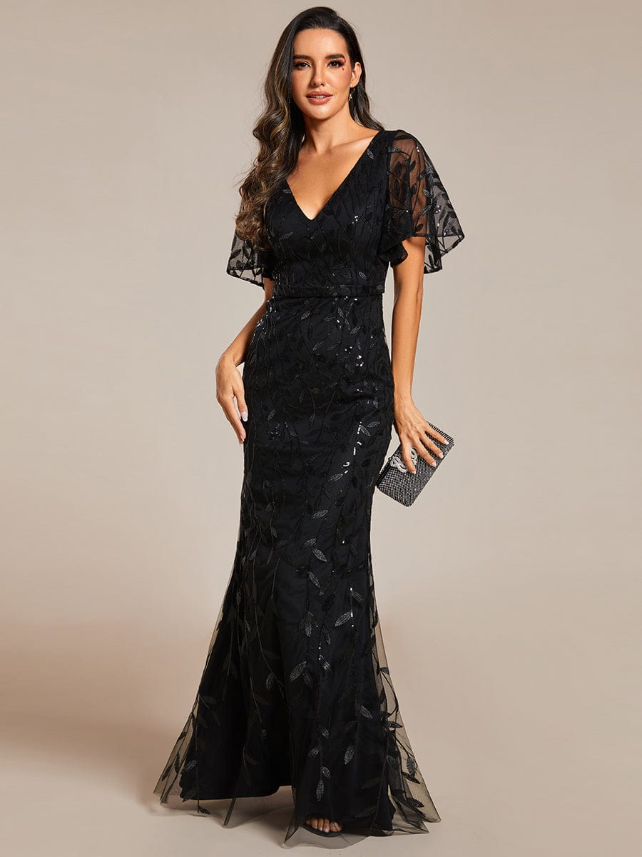 Gorgeous V Neck Leaf-Sequined Fishtail Party Dress #color_Black