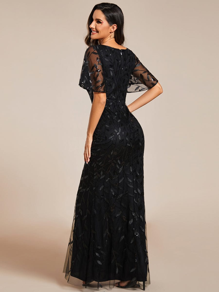 Gorgeous V Neck Leaf-Sequined Fishtail Party Dress #color_Black