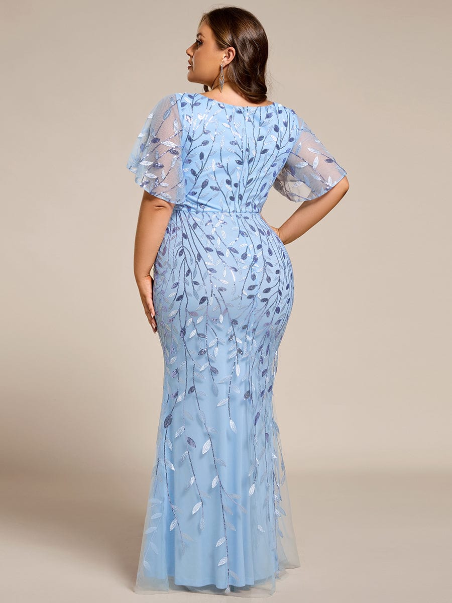 Fashion Plus Size V Neck Mermaid Sequin & Tulle Evening Dress #color_Sky Blue