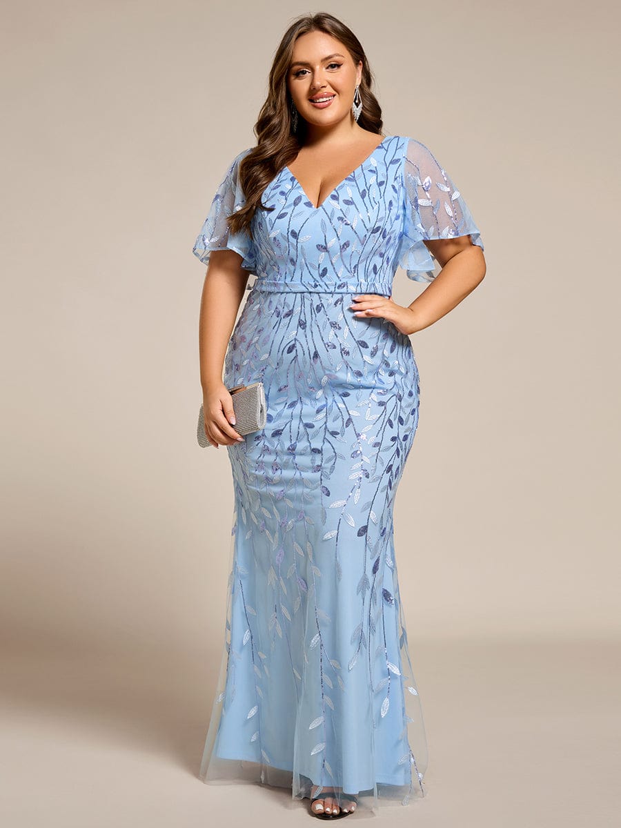 Fashion Plus Size V Neck Mermaid Sequin & Tulle Evening Dress #color_Sky Blue