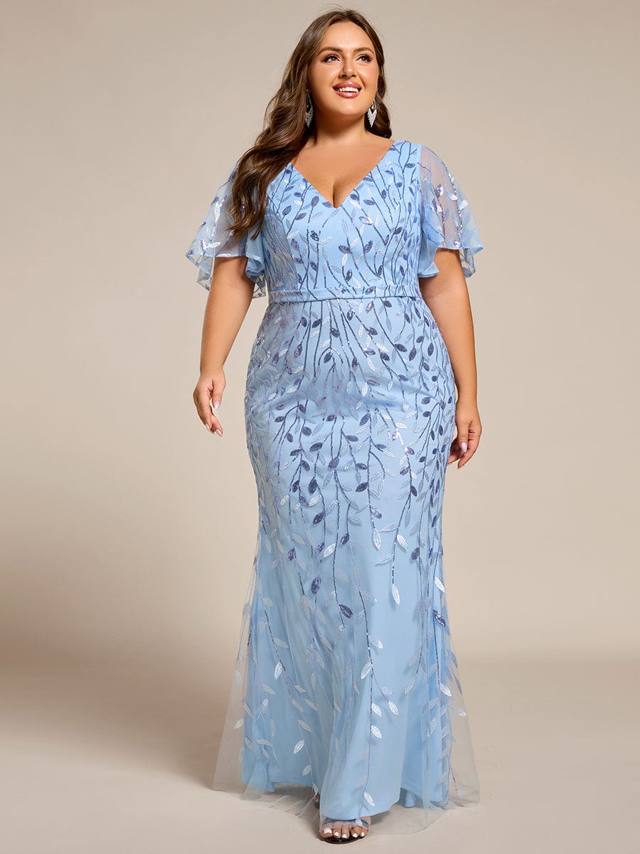 Fashion Plus Size V Neck Mermaid Sequin & Tulle Evening Dress #color_Sky Blue