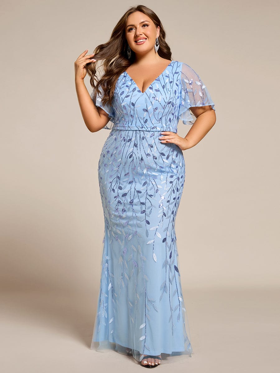 Fashion Plus Size V Neck Mermaid Sequin & Tulle Evening Dress #color_Sky Blue