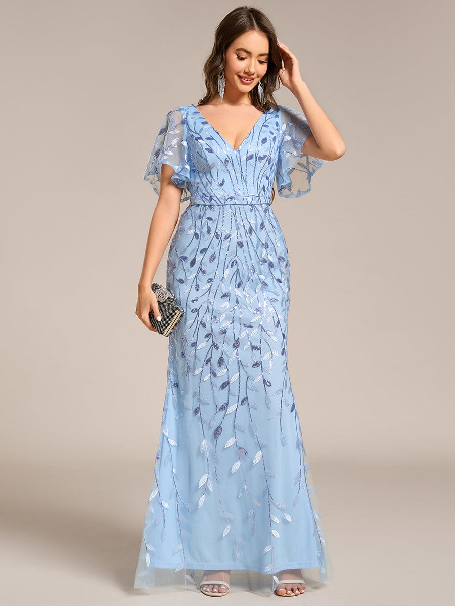 Gorgeous V Neck Leaf-Sequined Fishtail Party Dress #color_Sky Blue