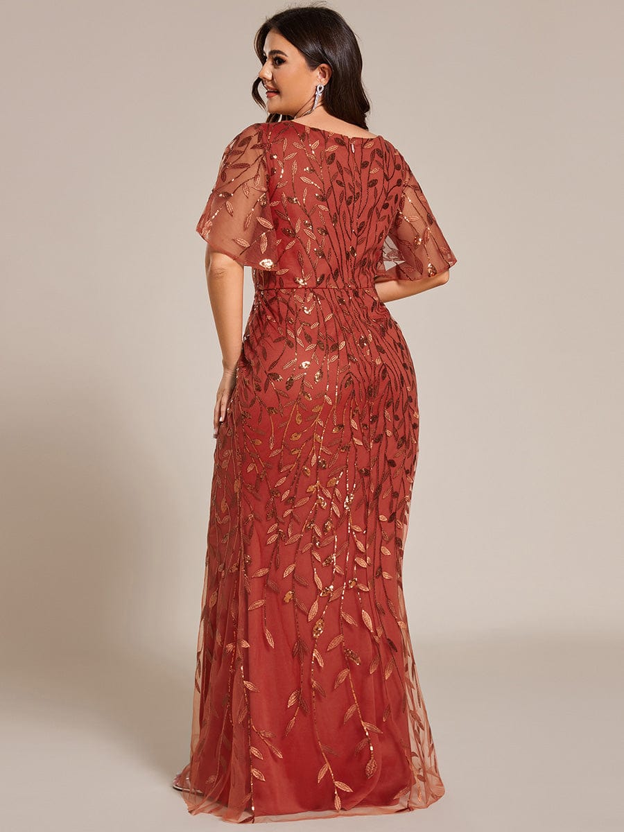 Gorgeous V Neck Leaf-Sequined Fishtail Party Dress #color_Burnt Orange