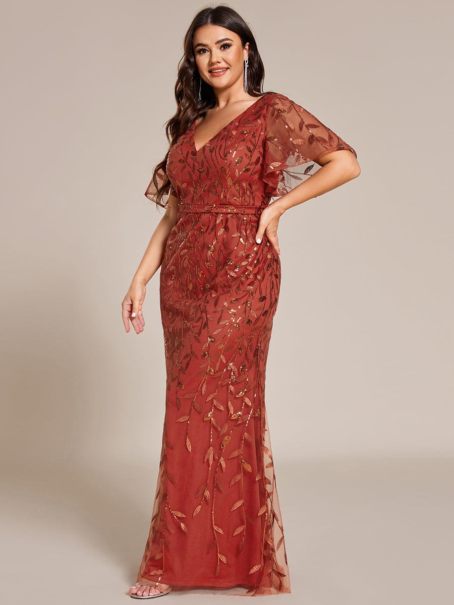 Fashion Plus Size V Neck Mermaid Sequin & Tulle Evening Dress #color_Burnt Orange