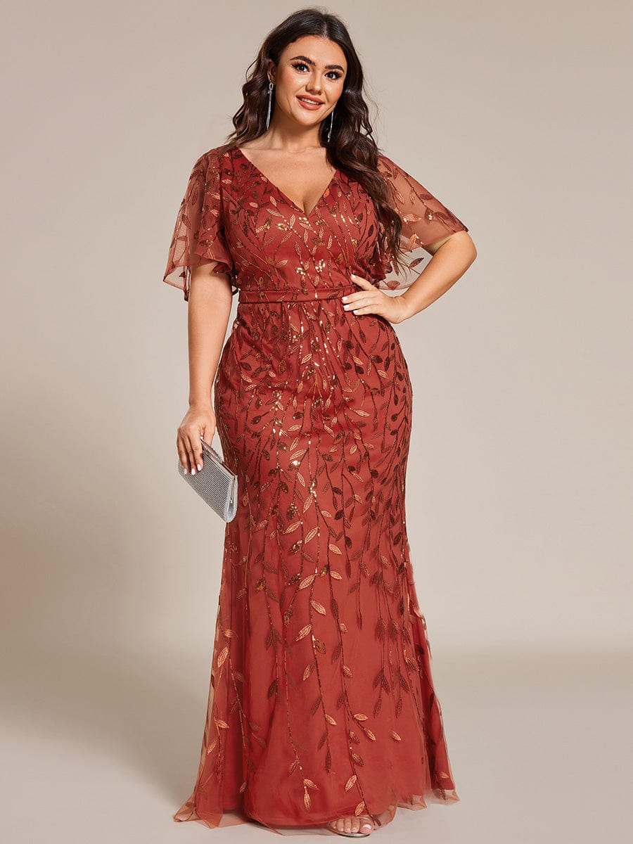 Fashion Plus Size V Neck Mermaid Sequin & Tulle Evening Dress #color_Burnt Orange