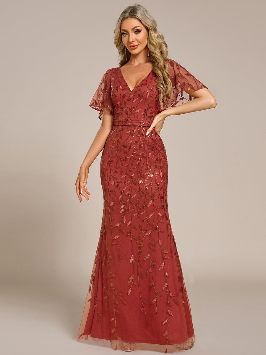 Gorgeous V Neck Leaf-Sequined Fishtail Party Dress #color_Burnt Orange