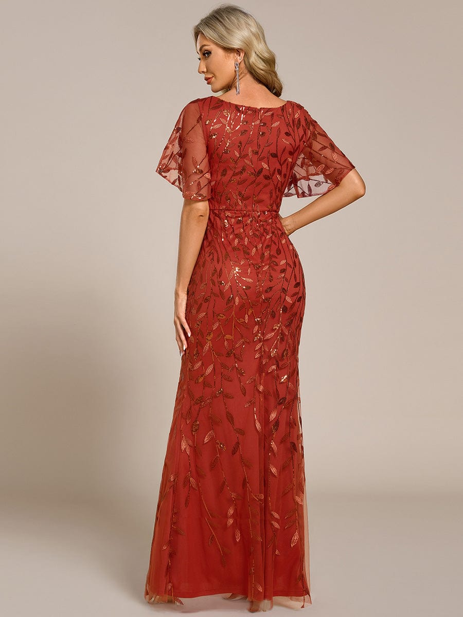 Gorgeous V Neck Leaf-Sequined Fishtail Party Dress #color_Burnt Orange